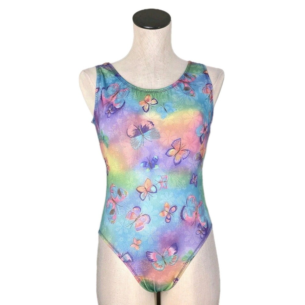 Satara VTG Neon Tie Dye Butterfly Sparkle Accent Tank Crossback Leotard Size AL - Picture 4 of 16